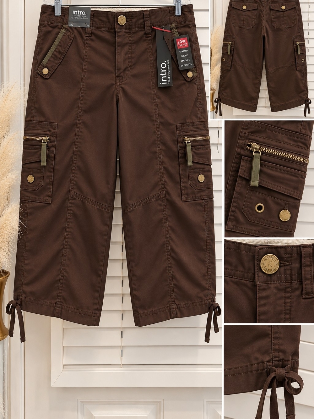 intro. Chocolate Brown Women's Cargo Capri Pants with Utility Pockets